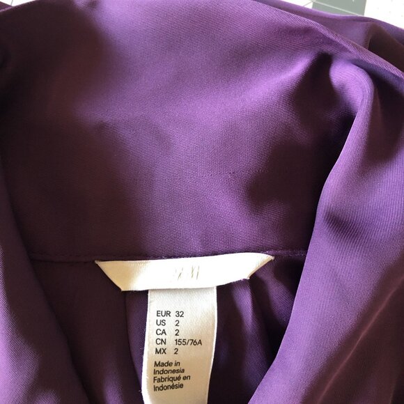 H&M Deep Purple Long-Sleeve Tie-Neck V-Neck Blouse Women's Size 2 Elegant Work - Picture 13 of 16